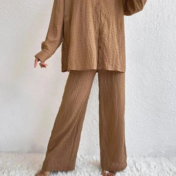 Brown Casual Women's Solid Drop Shoulder Shirt & Wide Leg Pants - Picture 3 of 6